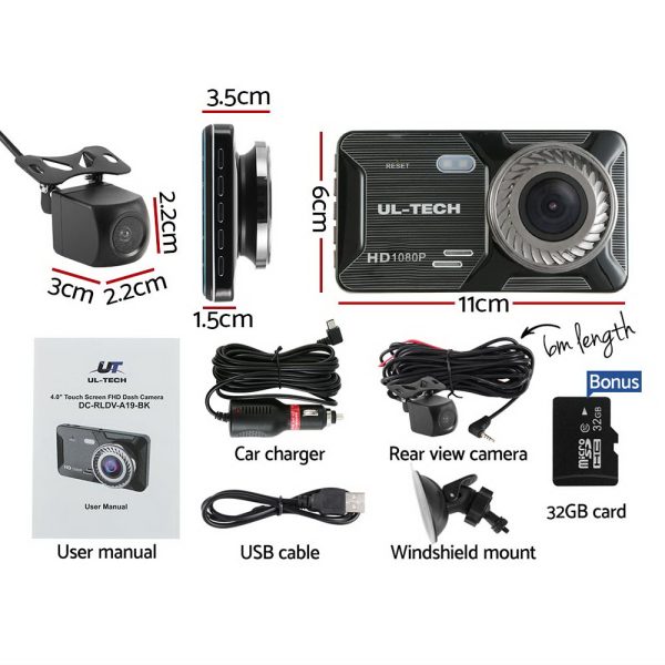 UL-tech Dash Camera 1080P 4" Front Rear Cam,UL-tech Dash Camera 1080P 4" Front Rear View Dual Cam Car DVR Reverse Recorder - Image 2