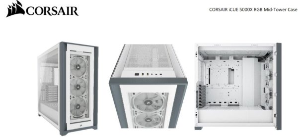 CORSAIR 5000X RGB TG E-ATX, ATX, USB Type-C, 3x 120mm TGB Front, Radiator 360mm. 7+2 PCI, 4x 2.5' SSD, 2x 3.5' HDD. VGA 420mm. White Tower Case