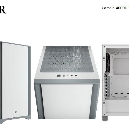 CORSAIR Carbide Series 4000D Solid Steel Front ATX Tempered Glass White, 2x 120mm Fans pre-installed. USB 3.0 x 2, Audio I/O. Case