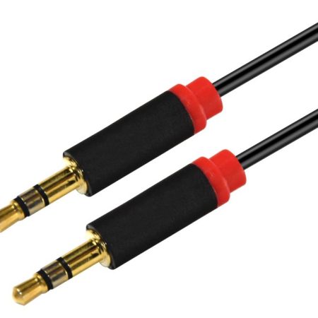 ASTROTEK 1m Stereo 3.5mm Flat Cable Male to Male Black with Red Mold - Audio Input Extension Auxiliary Car Cord