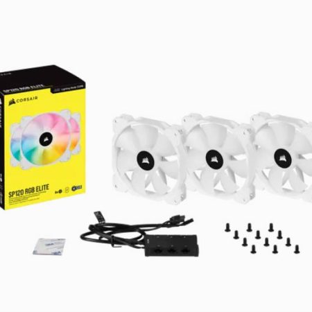 CORSAIR White SP120 RGB ELITE, 120mm RGB LED PWM Fan with AirGuide, Triple Pack with Lighting Node CORE