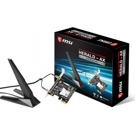 MSI HERALD-AX INTEL AX200NGW WI-FI 6 PCI-E Adapter, PCI-E x1, Bluetooth 5, 2.4 GHz/5 GHz Frequency, 2.4 Gbps Max Speed