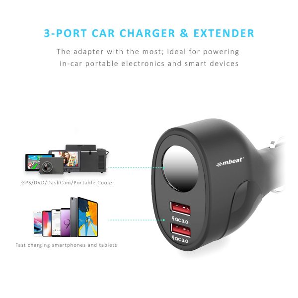 mbeat Gorilla Power Dual Port QC 3.0 Car Charger With Cigar Lighter Socket - Image 2