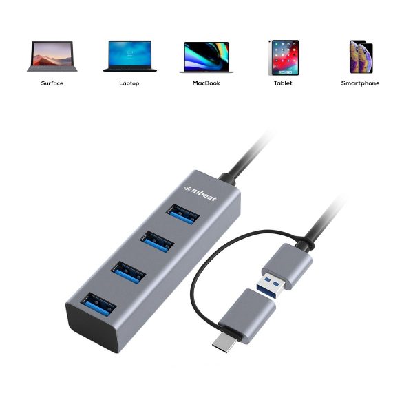 mbeat 4-Port USB 3.0 Hub with 2-in-1 USB 3.0 & USB-C Converter - Space Grey - Image 6