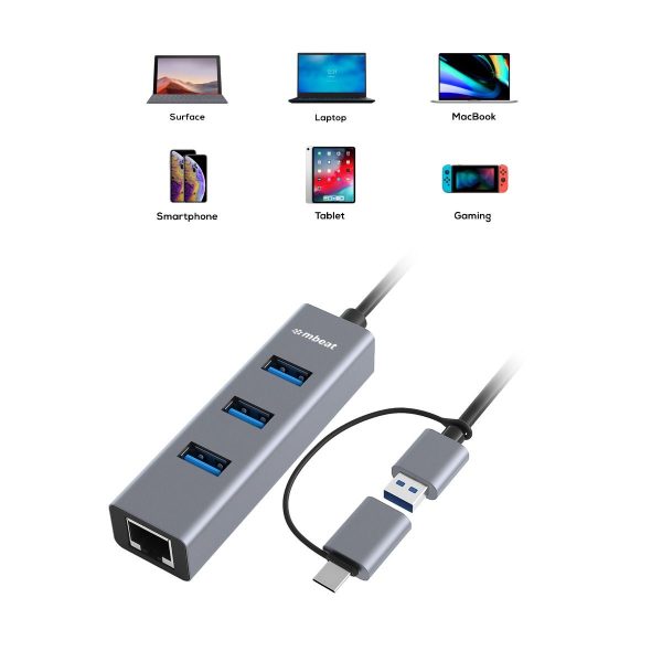 mbeat 3-Port USB 3.0 Hub & Gigabit LAN with 2-in-1 USB 3.0 & USB-C Converter - Space Grey - Image 5