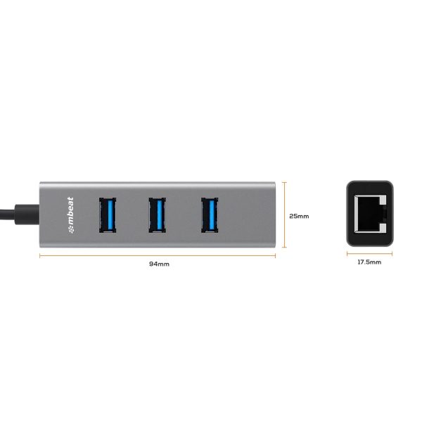 mbeat 3-Port USB 3.0 Hub & Gigabit LAN with 2-in-1 USB 3.0 & USB-C Converter - Space Grey - Image 6