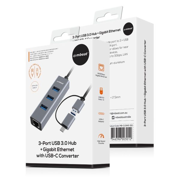 mbeat 3-Port USB 3.0 Hub & Gigabit LAN with 2-in-1 USB 3.0 & USB-C Converter - Space Grey - Image 7