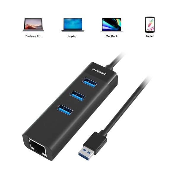 mbeat 3-Port USB 3.0 Hub & Gigabit LAN Ethernet - Black - Image 5
