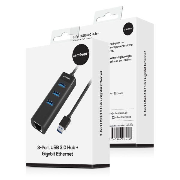 mbeat 3-Port USB 3.0 Hub & Gigabit LAN Ethernet - Black - Image 7