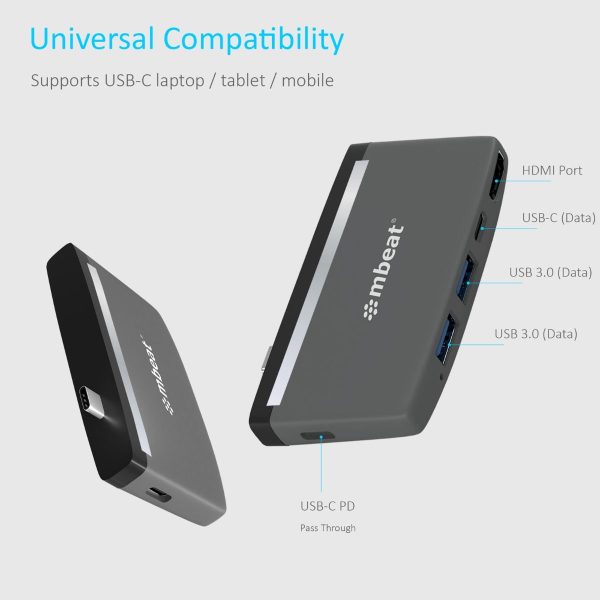 mbeat Essential Pro 5-in-1 USB- C Hub ( 4K HDMI Video, USB-C PD Pass Through Charging, USB 3.0 x 2, USB-C x 1) - Image 2