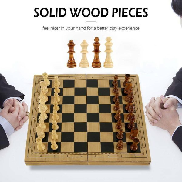3 IN 1 Wooden Chess Set Folding Chessboard Wood Pieces Draughts Backgammon Toy - Image 9