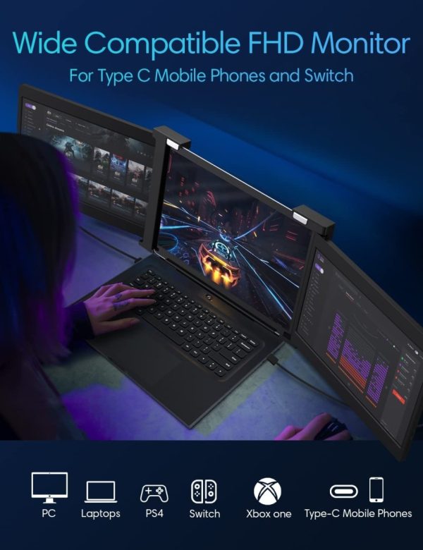 11.9 Inch Triple Portable Monitor 2022 FOPO 1080P FHD IPS Attachable Triple Monitor Extender, Triple Screen for Laptop of 13"-16" Compatible with Windows/Mac/Switch/Xbox Connect with USB-C/HDMI - Image 5