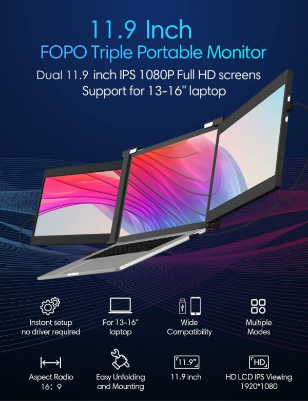 11.9 Inch Triple Portable Monitor 2022 FOPO 1080P FHD IPS Attachable Triple Monitor Extender, Triple Screen for Laptop of 13"-16" Compatible with Windows/Mac/Switch/Xbox Connect with USB-C/HDMI - Image 6