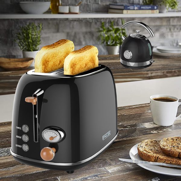 PHILEX 2-Slice Electric Toaster Bread Reheat Defrost Retro Retro BLACK - Image 2