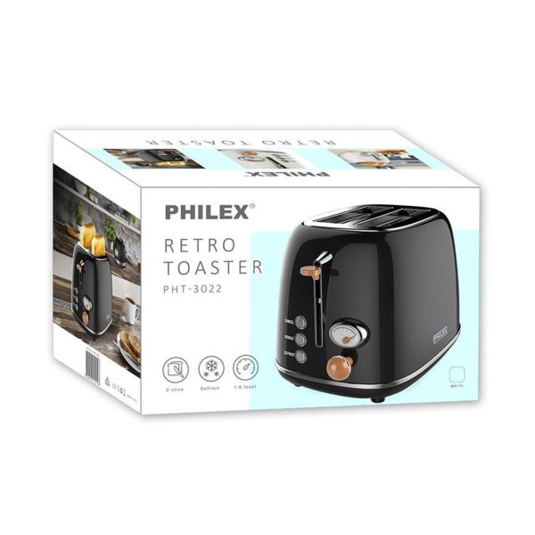 PHILEX 2-Slice Electric Toaster Bread Reheat Defrost Retro Retro BLACK - Image 3
