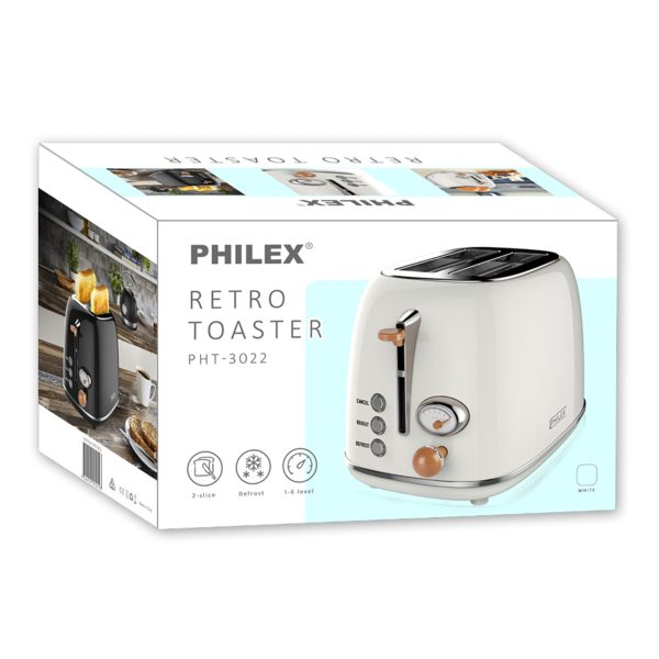 PHILEX 2-Slice Electric Toaster Bread Reheat Defrost Retro Retro IVORY - Image 3