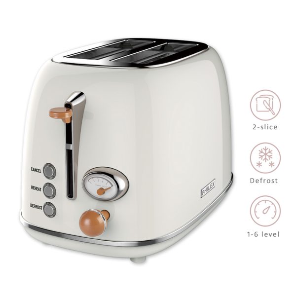 PHILEX 2-Slice Electric Toaster Bread Reheat Defrost Retro Retro IVORY - Image 4