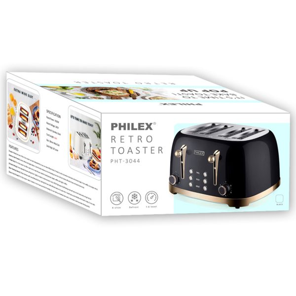 PHILEX 4-Slice Electric Toaster Bread Reheat Defrost Retro Retro BLACK - Image 3