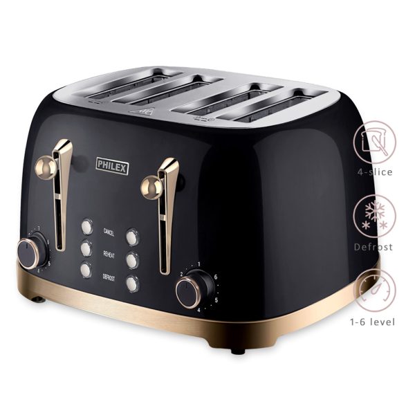 PHILEX 4-Slice Electric Toaster Bread Reheat Defrost Retro Retro BLACK - Image 4