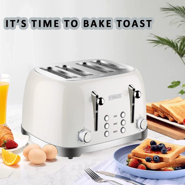 PHILEX 4-Slice Electric Toaster Bread Reheat Defrost Retro Retro IVORY - Image 2