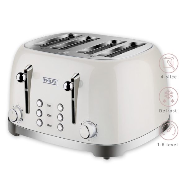 PHILEX 4-Slice Electric Toaster Bread Reheat Defrost Retro Retro IVORY - Image 4
