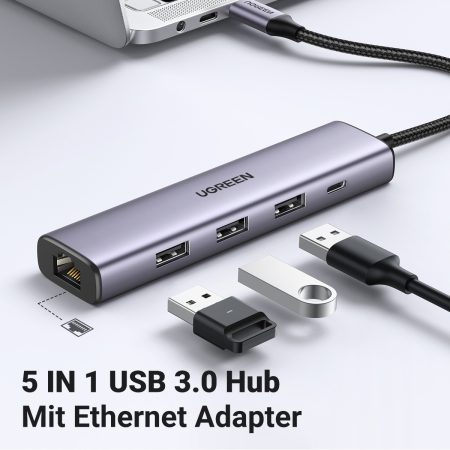 UGREEN 60554 USB 3.0 to Ethernet Adapter 5 in 1 Multiport Hub with Gigabit RJ45 - Image 4