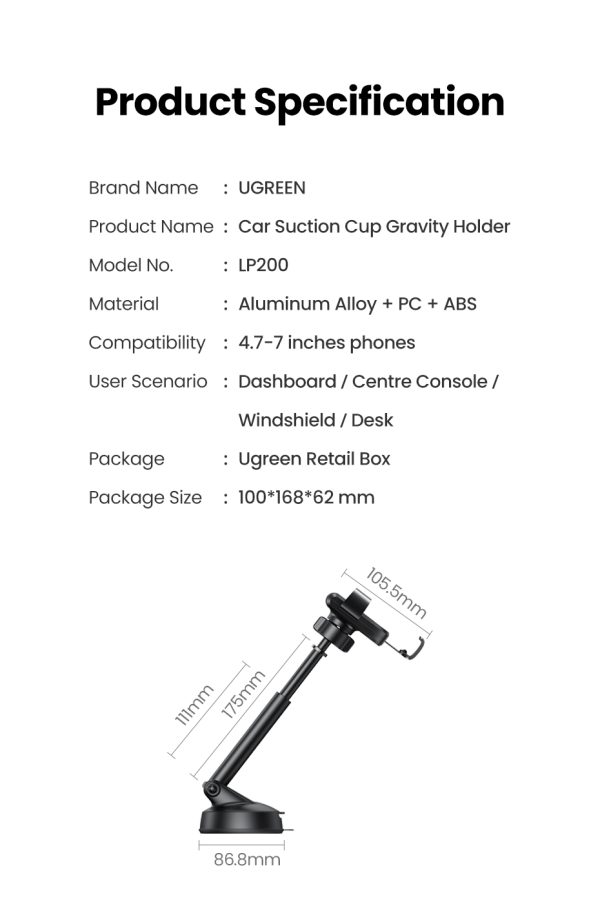 UGREEN 60990 Gravity Phone Holder with Suction Cup (Black) - Image 8