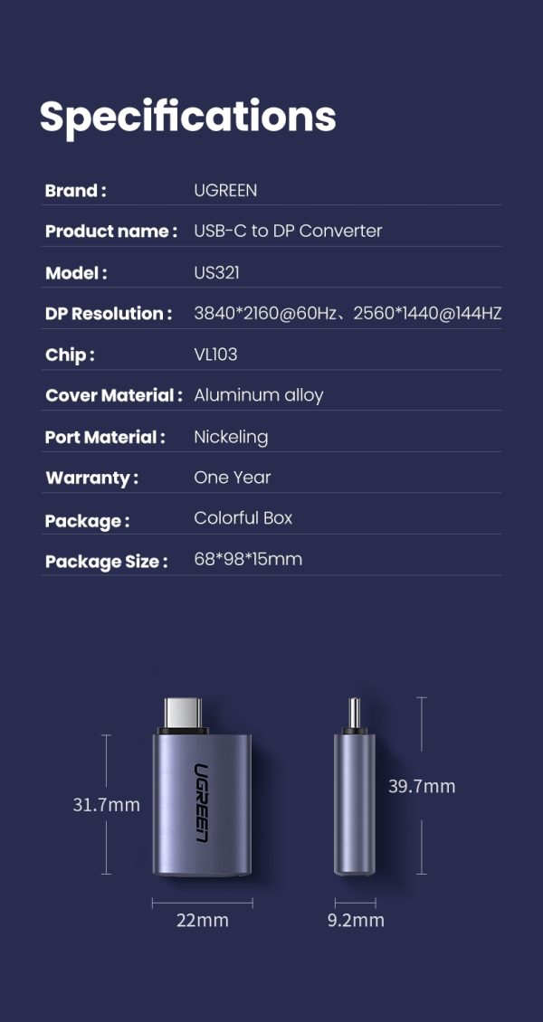 UGREEN 70451 USB-C Male to DP Female Adapter Aluminium Case 4K/2K 60Hz (Dark Gray) - Image 7