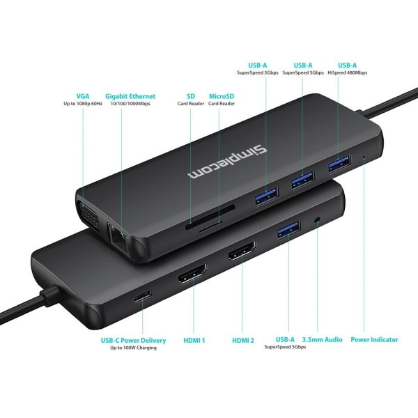 Simplecom CHN612 USB-C 12-in-1 Multiport Docking Station Dual HDMI + VGA Triple Display Gigabit LAN - Image 4