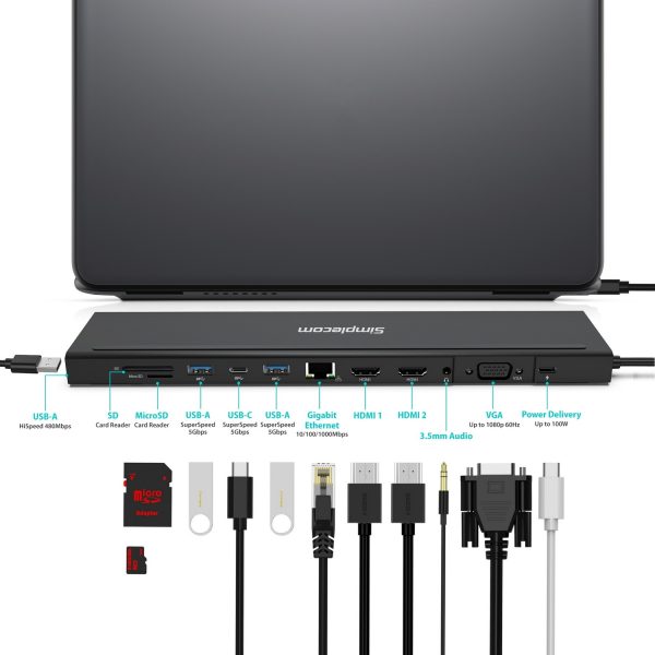 Simplecom CHN622 USB-C 12-in-1 Multiport Docking Station Laptop Stand Dual HDMI + VGA Triple Display Gigabit LAN - Image 4