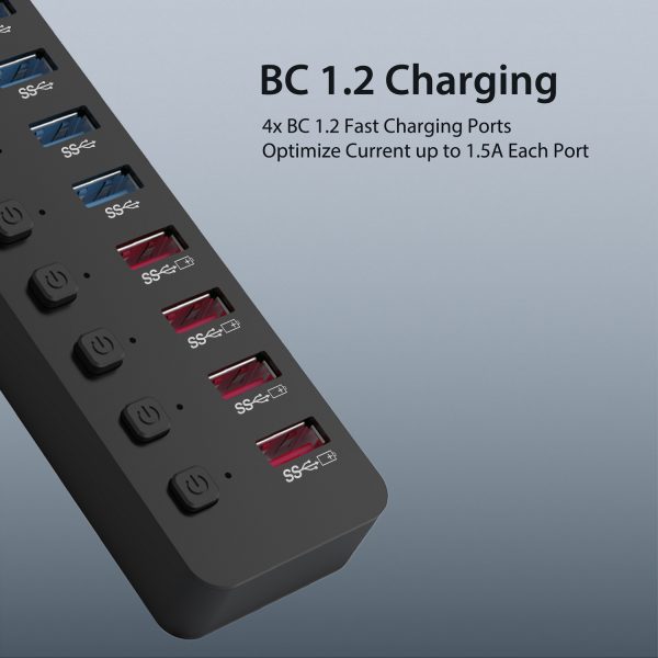 Simplecom CHU810 48W 10-Port USB 3.0 Hub and Charger with Individual Switches 12V/4A Power Adapter BC1.2 Fast Charging - Image 3