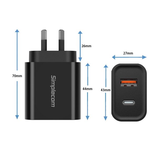 Simplecom CU220 Dual Port PD 20W Fast Wall Charger USB-C + USB-A for Phone Tablet - Image 4