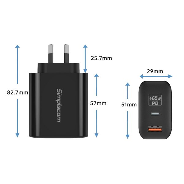 Simplecom CU265 Dual Port PD 65W GaN Fast Wall Charger USB-C + USB-A for Phone Laptop - Image 4