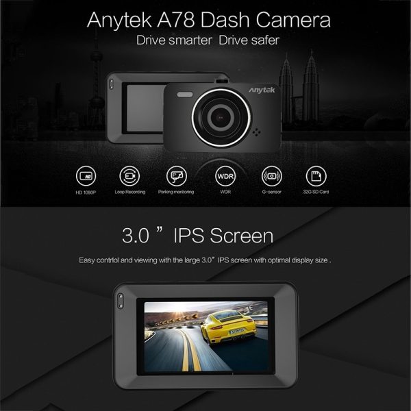 Anytek A78 Car Dash Cam Full HD 1080P Car DVR 170 Degree Wide Angle (24 Hours Parking Monitoring) - Image 2