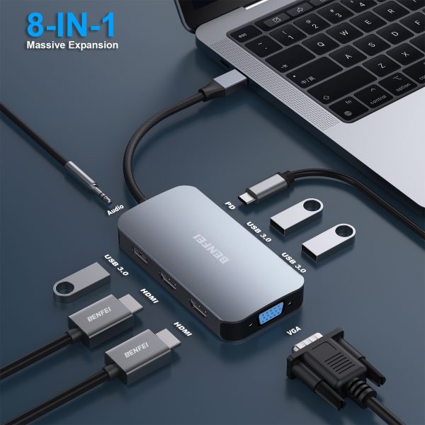 BENFEI 335GY USB-C Hub with Triple Display, 8-in-1 Docking Station (100W PD, Dual 4K HDMI, VGA, 3x USB 3.0) - Image 3