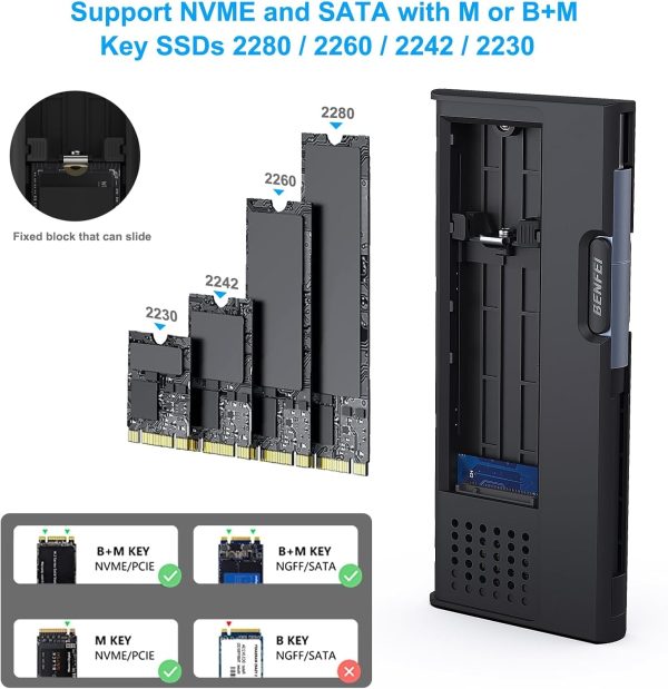 BENFEI 345GY M.2 NVME SATA SSD Enclosure, 10 Gbps USB Type-C/Type-A to NVME PCI-E SATA M-Key/(B+M) - Image 4