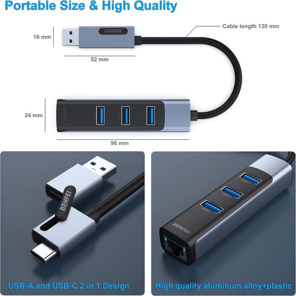 BENFEI 350GY 2-in-1 USB-C+USB 3.0 to RJ45 Gigabit Ethernet Port + 3-Port USB 3.0 HUB - Image 5