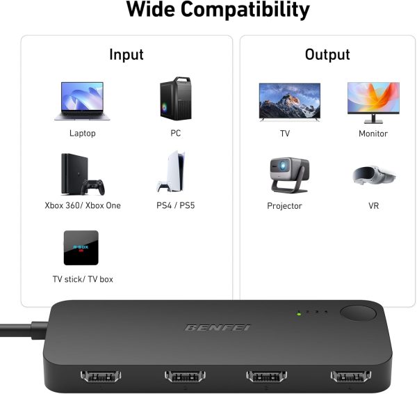 BENFEI 365BK HDMI Switch 4 in 1 Out 4K@60Hz, 2K@144Hz, HDCP 2.3 (with Adaptive Equalization Support 30ft HDMI Transmit) - Image 6