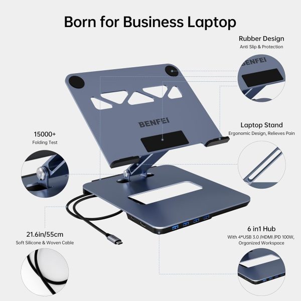 BENFEI 380GY Laptop Stand with USB C 6 in1 4K@60Hz HDMI, 4 x USB3.0, 100W PD Docking Station - Image 2