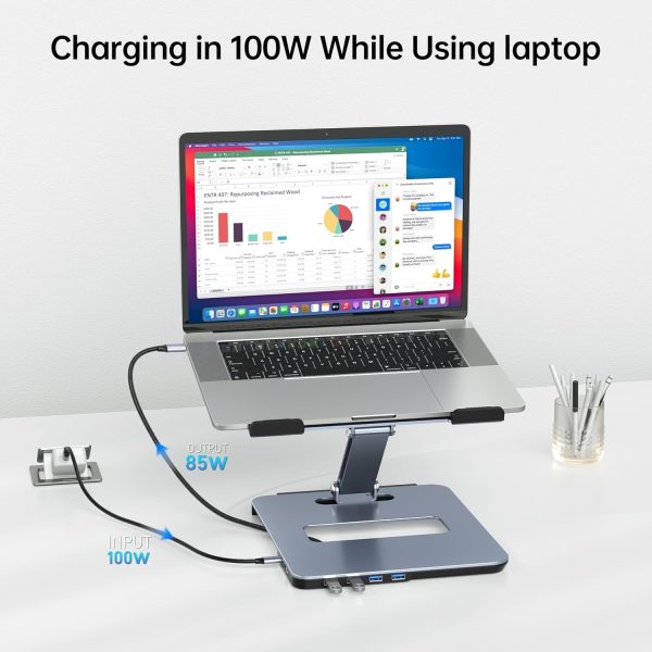 BENFEI 380GY Laptop Stand with USB C 6 in1 4K@60Hz HDMI, 4 x USB3.0, 100W PD Docking Station - Image 3