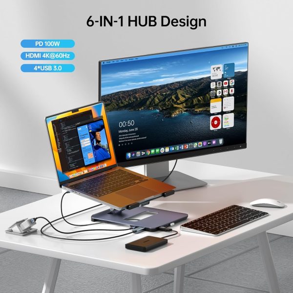 BENFEI 380GY Laptop Stand with USB C 6 in1 4K@60Hz HDMI, 4 x USB3.0, 100W PD Docking Station - Image 5
