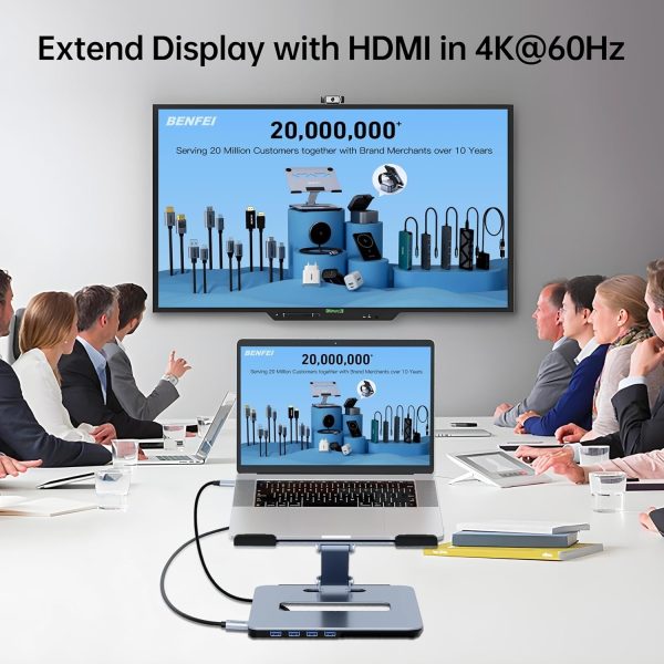 BENFEI 380GY Laptop Stand with USB C 6 in1 4K@60Hz HDMI, 4 x USB3.0, 100W PD Docking Station - Image 6