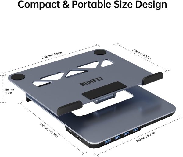 BENFEI 380GY Laptop Stand with USB C 6 in1 4K@60Hz HDMI, 4 x USB3.0, 100W PD Docking Station - Image 8