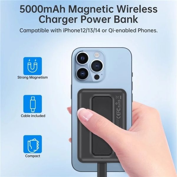 CHOETECH B662-BK USB-A + USB-C + Wireless Magnetic Power bank 5000mAh (Black) - Image 2