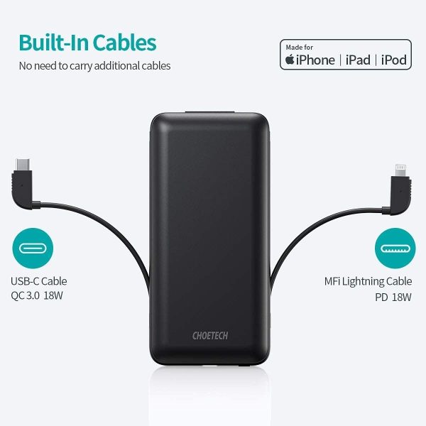 CHOETECH B688-BK 10000mAh MFi Certified PD18W Power Bank (with 2 cables) - Image 2