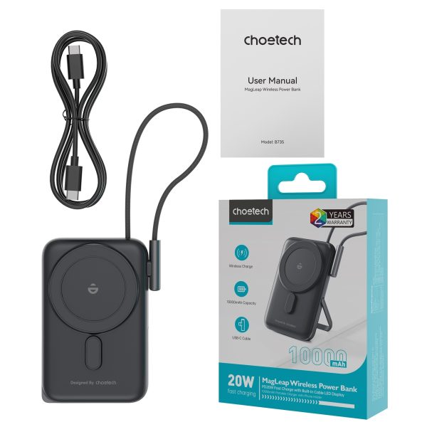 CHOETECH B735-BK 10000mAh 20W MagLeap Wireless Power Bank Black with Phone Holder and Build-in Cable - Image 4