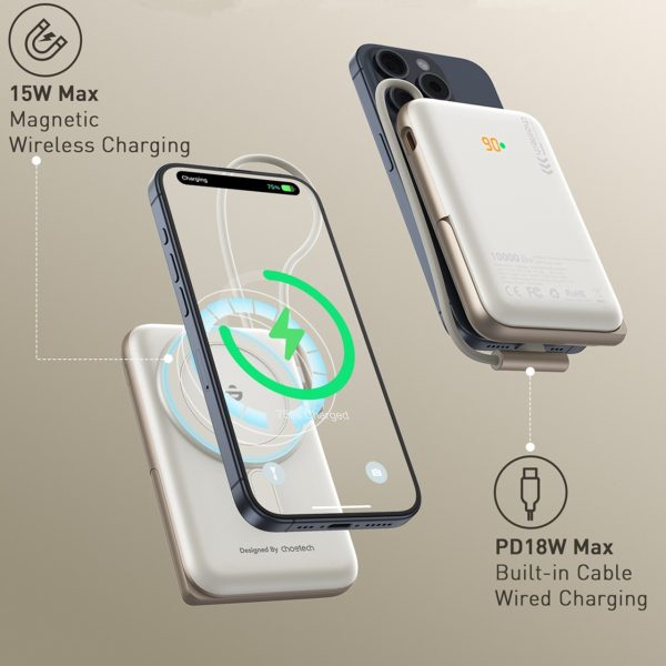 CHOETECH B735-WH 10000mAh 20W MagLeap Wireless Power Bank White with Phone Holder and Build-in Cable - Image 3