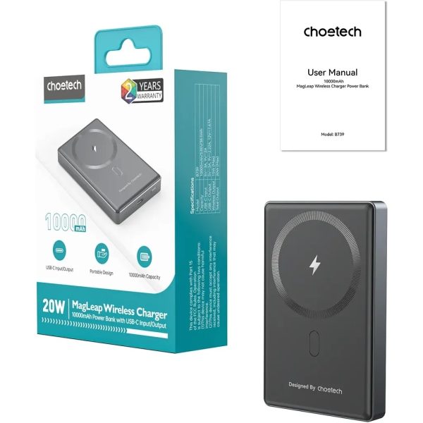 CHOETECH B739-BK 20W Slim USB-C 10000mAh Magnetic Power Bank - Black - Image 7