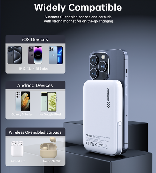 CHOETECH B743-WH 10000mAh PD20W Magnetic Power Bank with Holder White - Image 9