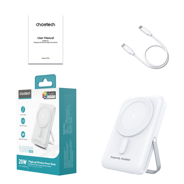 CHOETECH B743-WH 10000mAh PD20W Magnetic Power Bank with Holder White - Image 11